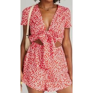 Princess Polly Red Floral Royal Wrap Top Elastic Waist  Romper Size 8